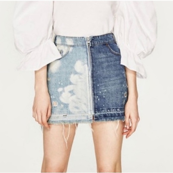Zara Dresses & Skirts - Zara TRF Denim IX'D Makers two-tone split denim mini skirt Frayed Distressed S